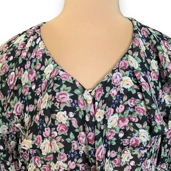 Vintage 90s Sheer Blouse Dark Floral Print Black Peasant Exaggerated Ruffled - Picture 4 of 10
